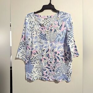 100% Linen Floral print Tunic Shirt. Women's Size M . EUC. Brand Hot Cotton.